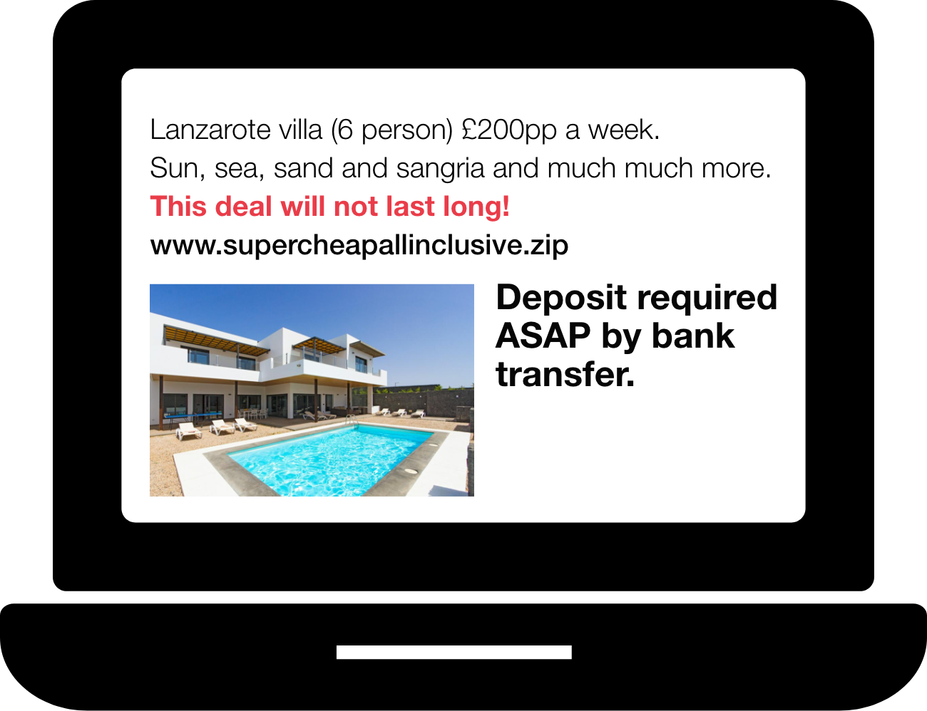 Lanzarote villa (6 person) £200pp a week.<br />
Sun, sea, sand and sangria and much much more. This deal will not last long!<br />
Deposit required ASAP by bank transfer.<br />
www.supercheapallinclusive.zip